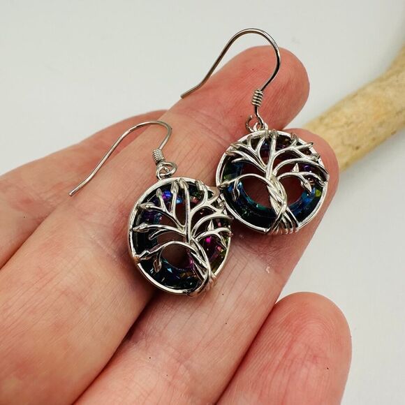 Tree Of Life Aurora Borealis Crystal Sterling Silver Earrings - Picture 2 of 5